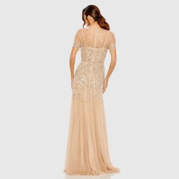 MAC DUGGAL HIGH NECK SHORT SLEEVE SEQUIN EMBELLISHED DRESS NUDE SILVER 8‎ 93909 - Picture 3 of 4